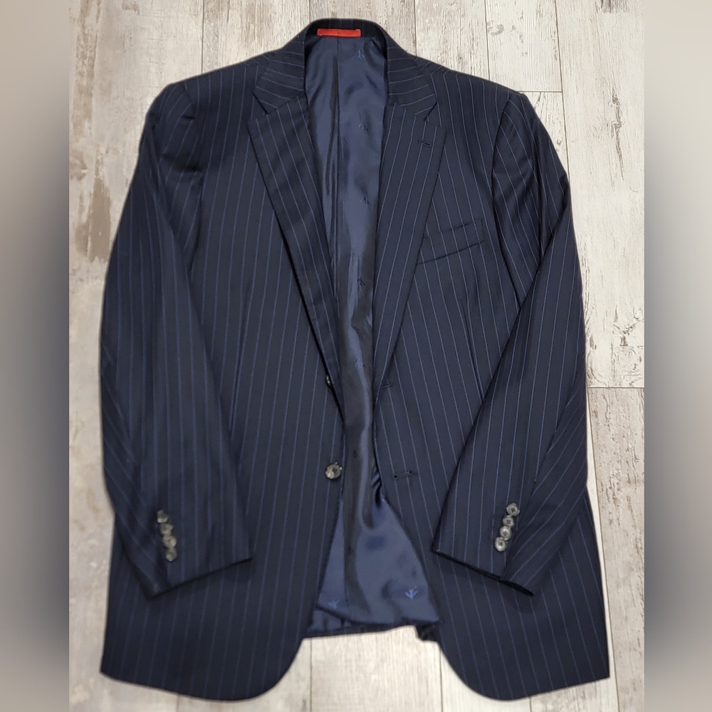 42R Men's Isaia Napoli Italian Super 170s Wool Blazer Black Stripe Sport Coat